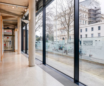 A window facing shot of the pavilion exhibition space.