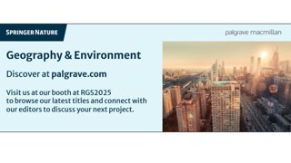 A city skyline promoting Geography & Environment books by Springer Nature and Palgrave Macmillan.