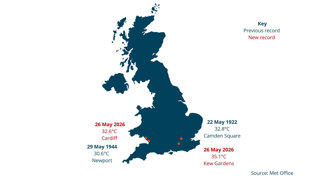 Map showing the new record highs in May vs their previous record.