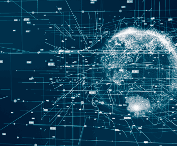 Navy blue coloured digital imagery showing the world and connected lines.