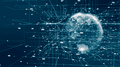 Navy blue coloured digital imagery showing the world and connected lines.