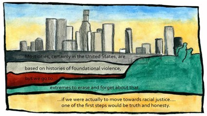 Illustration of a city skyline with layered colors and text discussing foundational violence and the need for truth in racial justice.