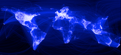 A world map showing connections