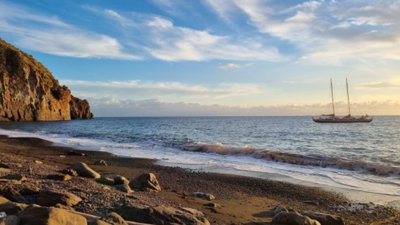 A boat, the Spirit Of Gaia, at sea.