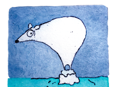Illustration of a large polar bear on a tiny iceberg.