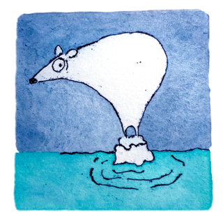 Illustration of a large polar bear on a tiny iceberg. 