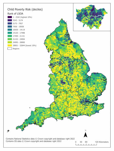 Map displaying a coropleth map on a decile scale of Child Poverty risk, with higher risk areas corellating to urban hubs 