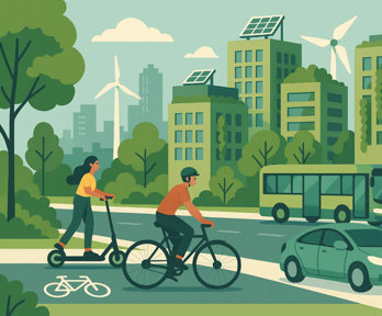 Cartoon of people cycling and scooting by a road with traffic.