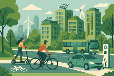 Cartoon of people cycling and scooting by a road with traffic.