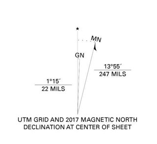 A line diagram showing true north, grid north and magnetic north