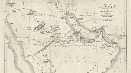 A historic map of the Arabian Peninsula showing the route of W.G. Palgrave Esq. in 1862 to 1863.