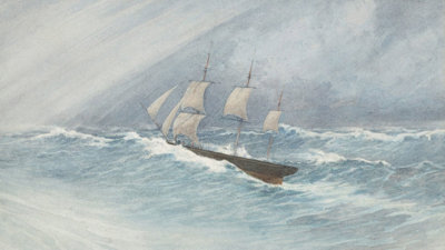 Painting of 19th-century ship amongst high waves.