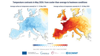 Average daily surface air temperature anomaly during (left) 11-19 May 2026 and (right) 21–30 May 2026.