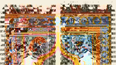 Book cover depicting a worn, colourful carpet. 