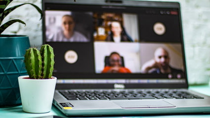 A cactus, mobile phone, laptop showing open conference call, and blue pen.