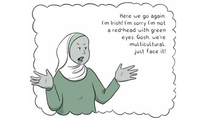 Woman wearing a hijab gestures while expressing frustration about cultural stereotypes about being Irish.