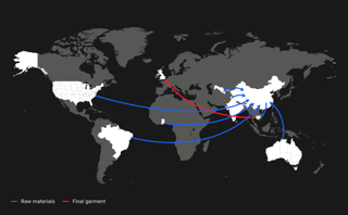 World map showing raw material and Final garment exports