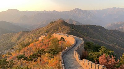 The Great Wall of China at sunset.