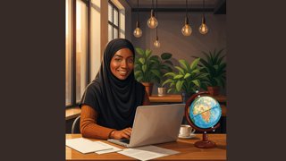 Woman in a hijab working on a laptop at a wooden desk with papers, a globe, and potted plants in a warmly lit room with hanging bulbs.