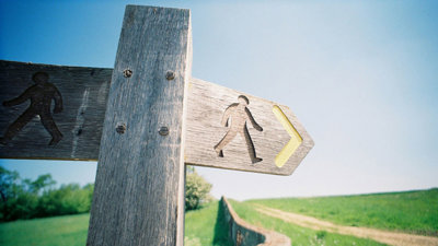 Wooden sign of directional arrow indicating walking route through fields.