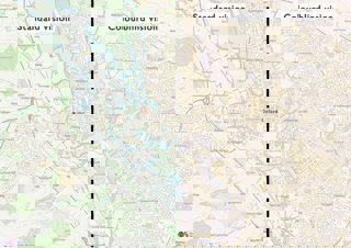 Map of Oxford split down the middle vertically, with the left side showing standard vision and the right showing colorblind vision