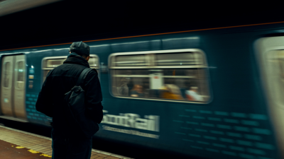 A person on a train platform whist the ScotRail drives past.