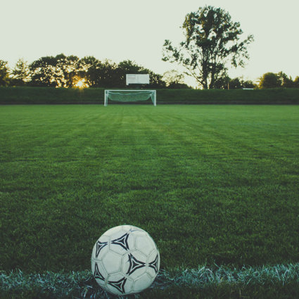 A football set on a green pitch with a goal in the background. It is dusk and the sun i setting behind the trees, which are behind the goal