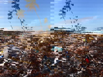 A beach scene with sand and palm trees, covered in plastic rubbish and old fishing nets