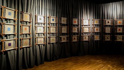 Suzhou embroidery displayed on black curtain wall. 