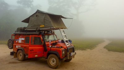 Camping near the Liberian border during the Atlantic Rising expedition, with funding from the Land Rover Bursary.