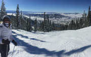 Susan Smith on a snowy mountain in full skiing gear.