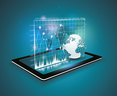 Graphic of a globe, graphs and tablet