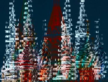 Saint Basil Cathedral, Russia, photographed at night showing the colours on its ornate roofs