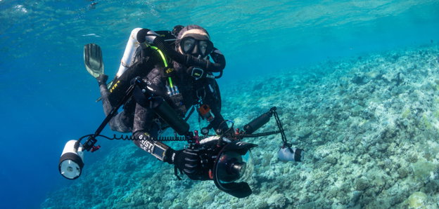 Enric Sala on a dive, he is filming underwater