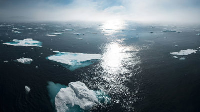 Ice blocks floating in a calm ocean on a sunlit day.