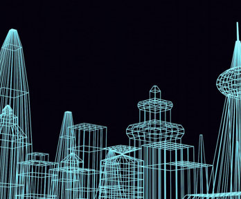 A digitally drawn abstract skyline consisting of blue lines against a black background.