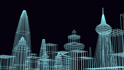 A digitally drawn abstract skyline consisting of blue lines against a black background.