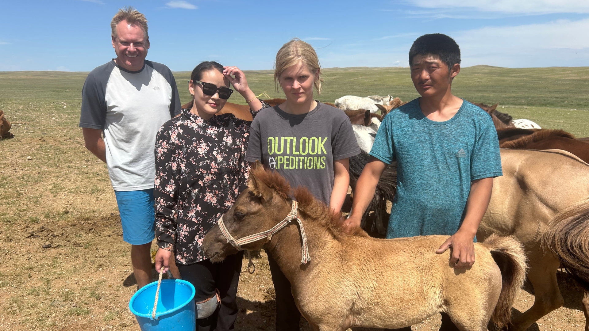 A group of people surrounded by horses in open fields in Mongolia.