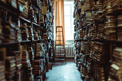 Rows and rows of books in an archive