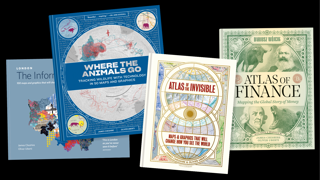 Four books designed by Oliver Uberti, including 'Where the animals go', 'Atlas of the invisible', and 'Atlas of finance'.