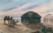 Watercolour painting of a Turkish nomad tent with camels and people in front of it.