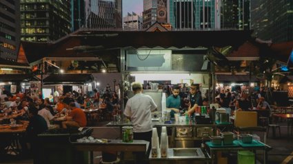 Drink stall at an iconic hawker centre in the central business district of Singapore.
