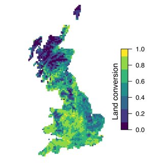Map displaying Land conversion from a 0.0 to a 1.0 scale