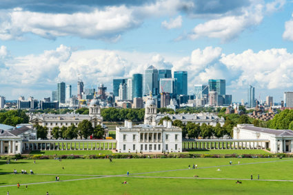 View over Greenwich London, looking at the London skyline of skyscrapers