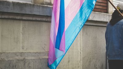 Person holding trans flag behind them.
