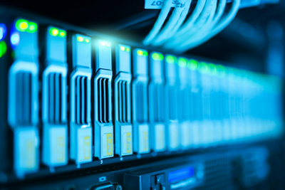 Close up of a computer server with wires