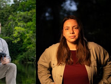 Headshots of two people, one standing on a boat, the other against a dark backdrop.