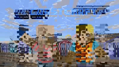 Two Minecraft avatars standing on a coastal boardwalk with the word 'CoastCraft' above them.