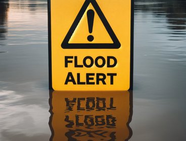 Flood alert yellow sign in still water