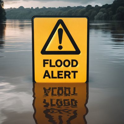 Flood alert yellow sign in still water